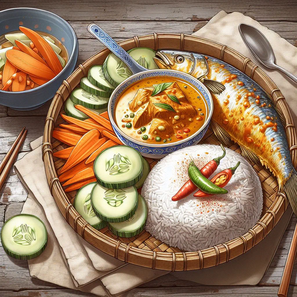 Nasi dagang with coconut rice, flaked fish, cucumber and sambal