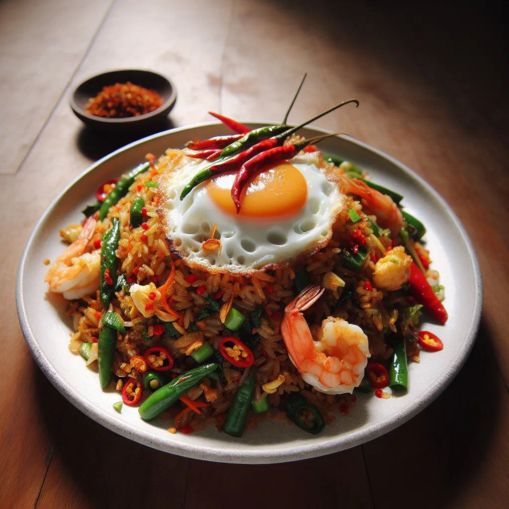 Plate of nasi goreng fried rice with chicken, vegetables and spring onions