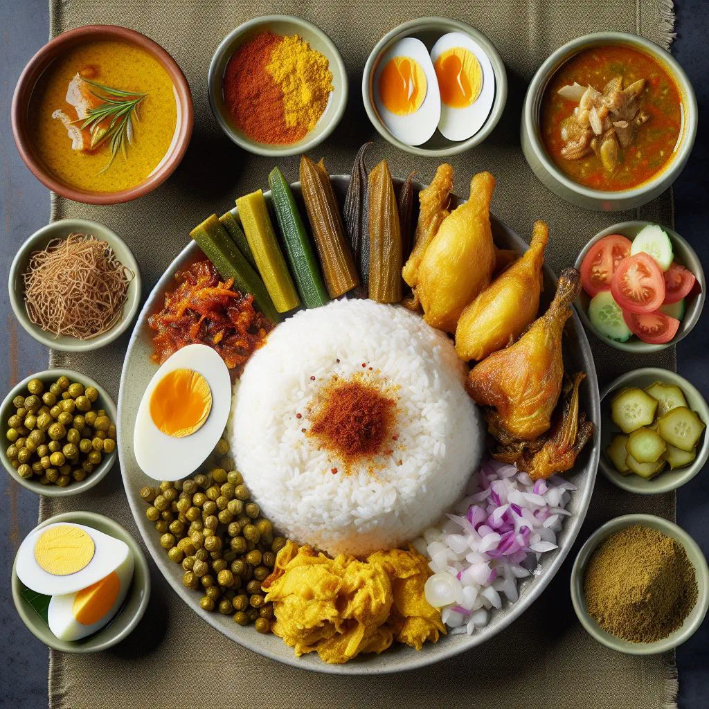 Plate of nasi kandar with steamed rice topped with assorted curries and sides