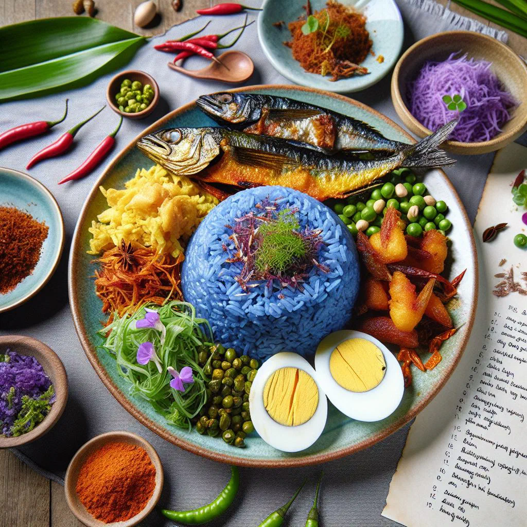 Nasi kerabu with striking blue rice, fresh herbs and shredded vegetables