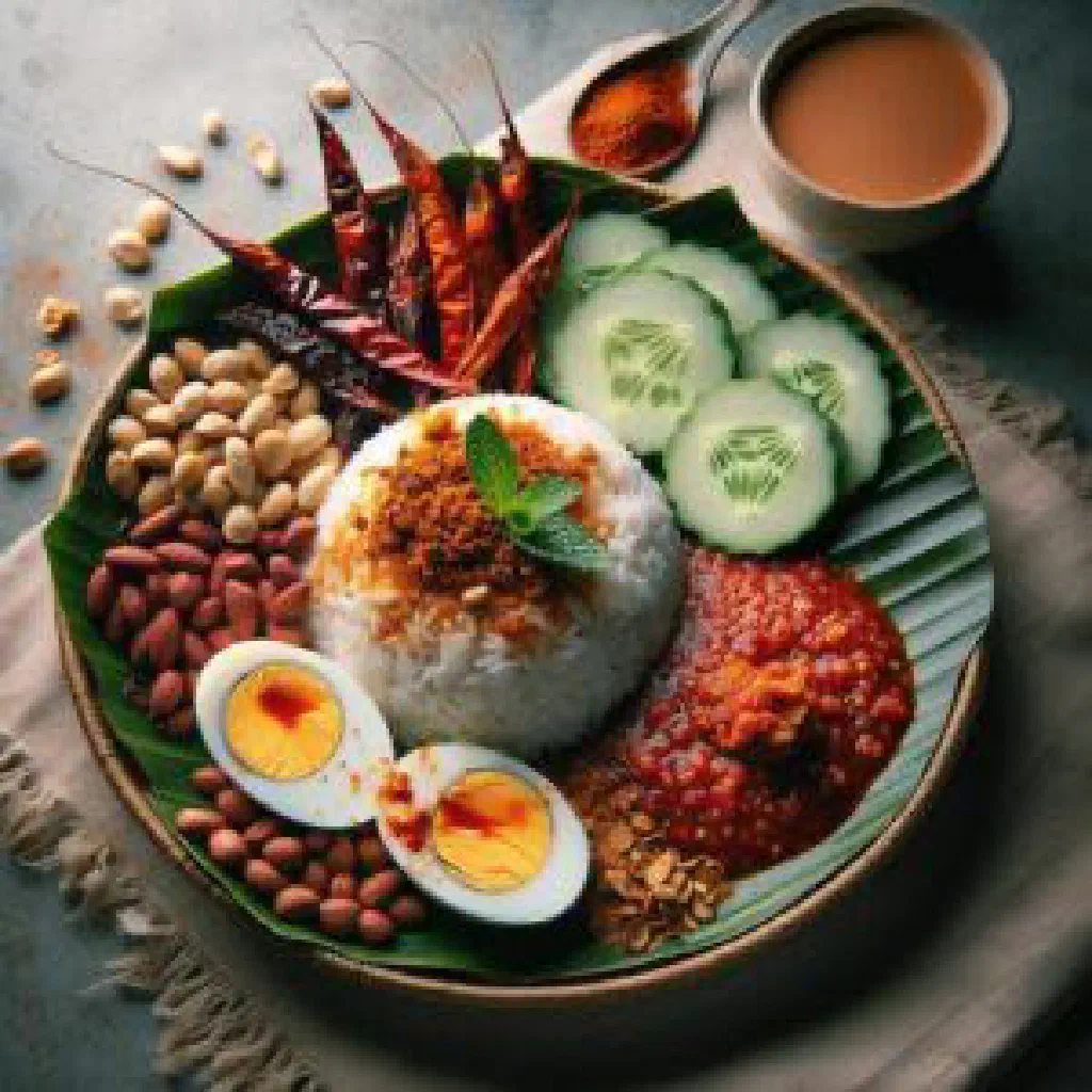 Nasi lemak with fragrant coconut rice, fried egg, roasted peanuts and sauce