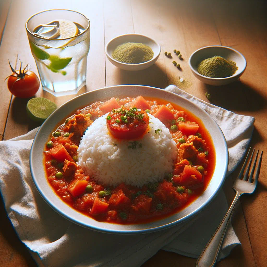 Fragrant Malaysian tomato rice with tender chicken and vegetables