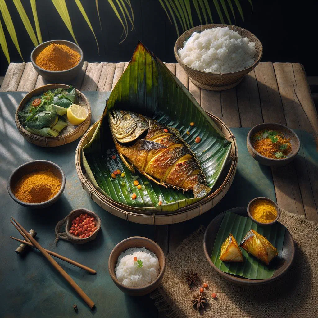 Steamed fish parcel wrapped in banana leaves, garnished with fresh herbs