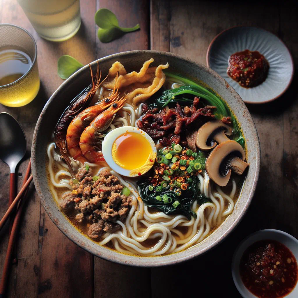 Bowl of pan mee noodle soup with vegetables and spring onions