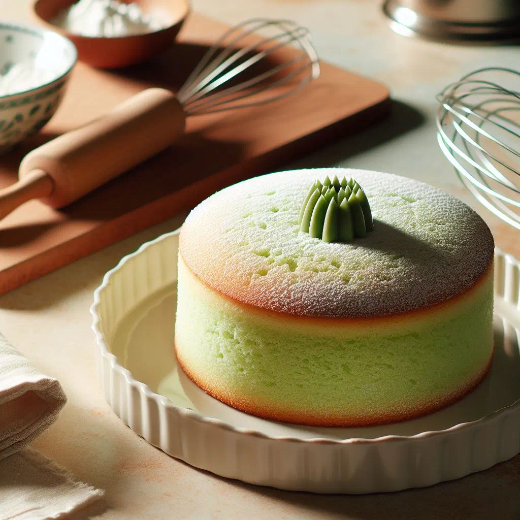Slice of vivid green pandan cake with a light, fluffy crumb