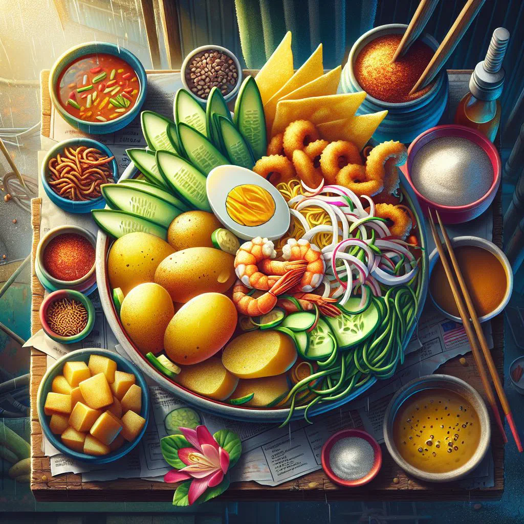 Pasembur salad with crispy tofu, potatoes, fresh vegetables and peanut sauce