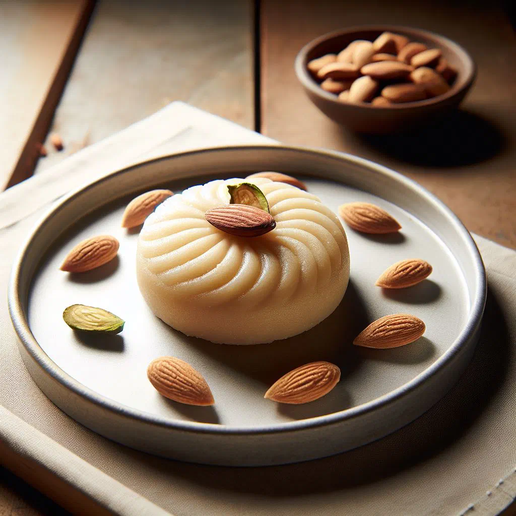 Steamed peda sweets made with coconut milk and palm sugar on a serving plate