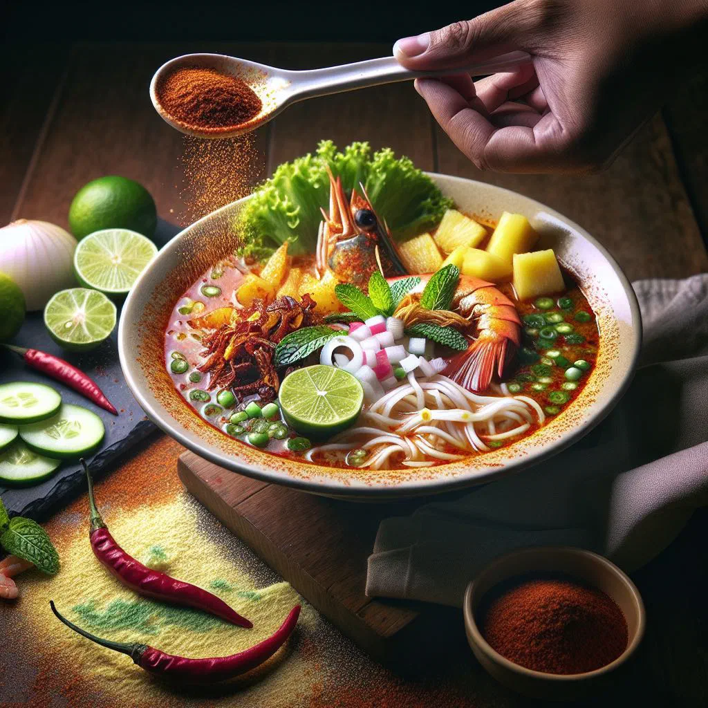 Bowl of Penang assam laksa with rice noodles, shredded mackerel, cucumber and fresh mint