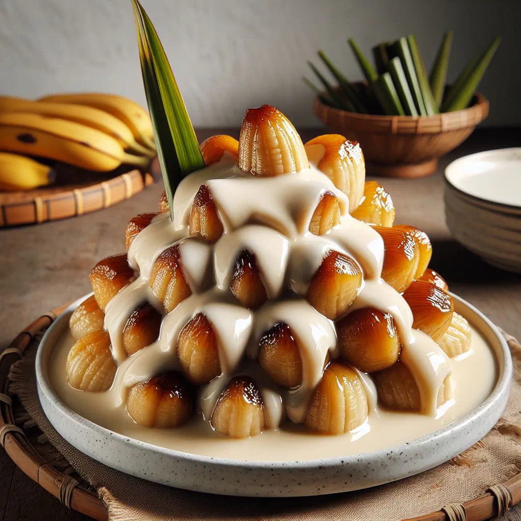 Pengat pisang with banana slices in creamy coconut milk sauce
