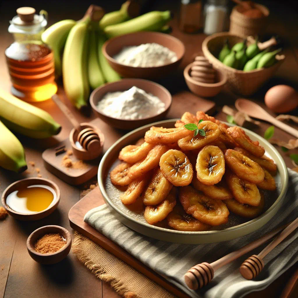 Golden fried banana fritters with a crisp batter coating
