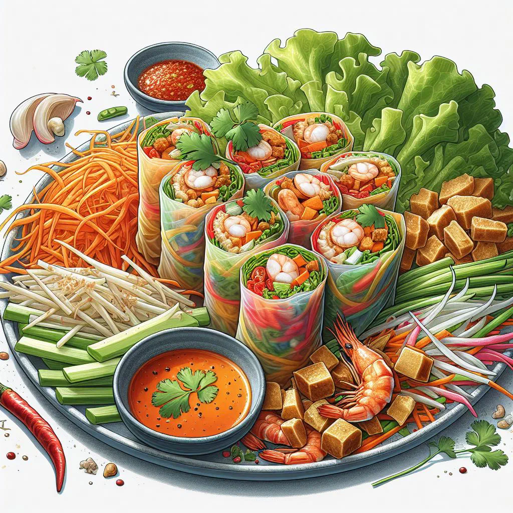 Fresh popiah spring rolls filled with vegetables and egg, served with chilli sauce