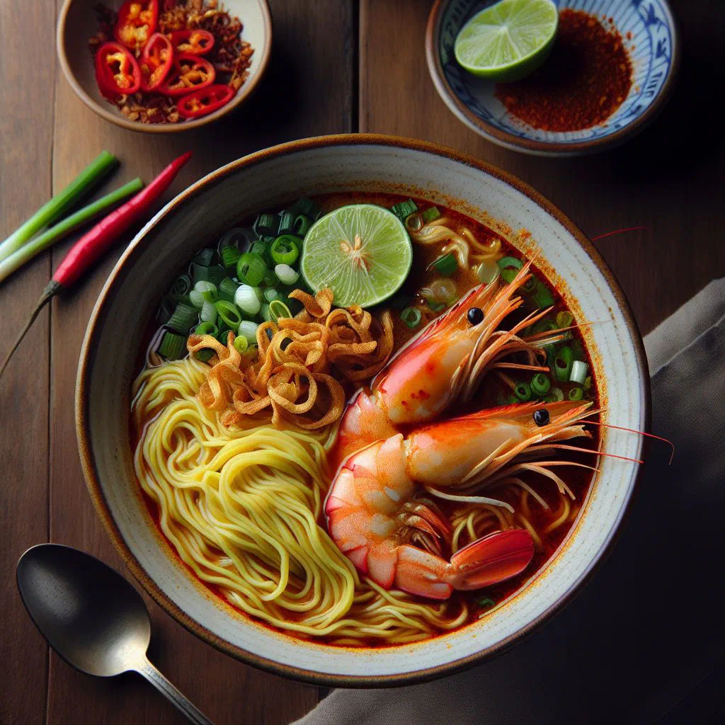 Bowl of prawn mee noodle soup with prawns, fresh coriander and lime wedges