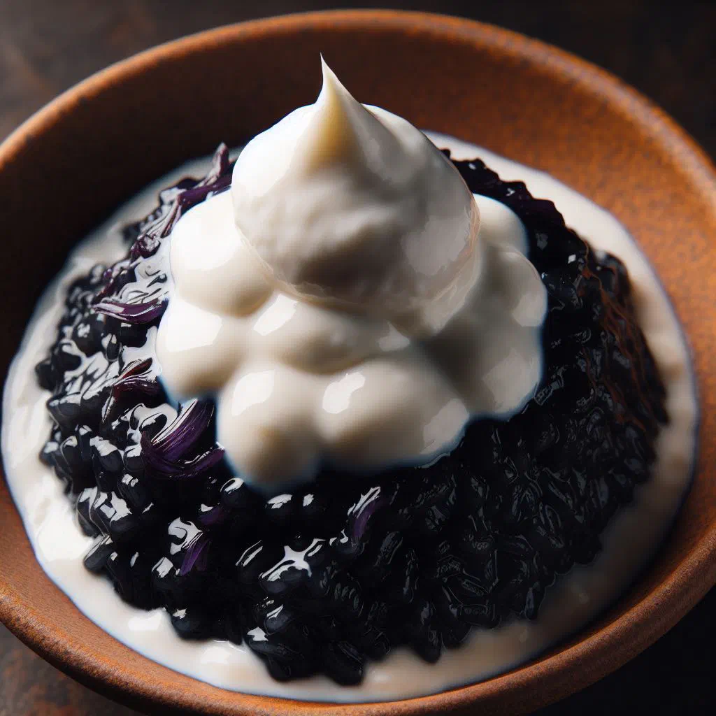 Bowl of pulut hitam black glutinous rice pudding drizzled with creamy coconut milk