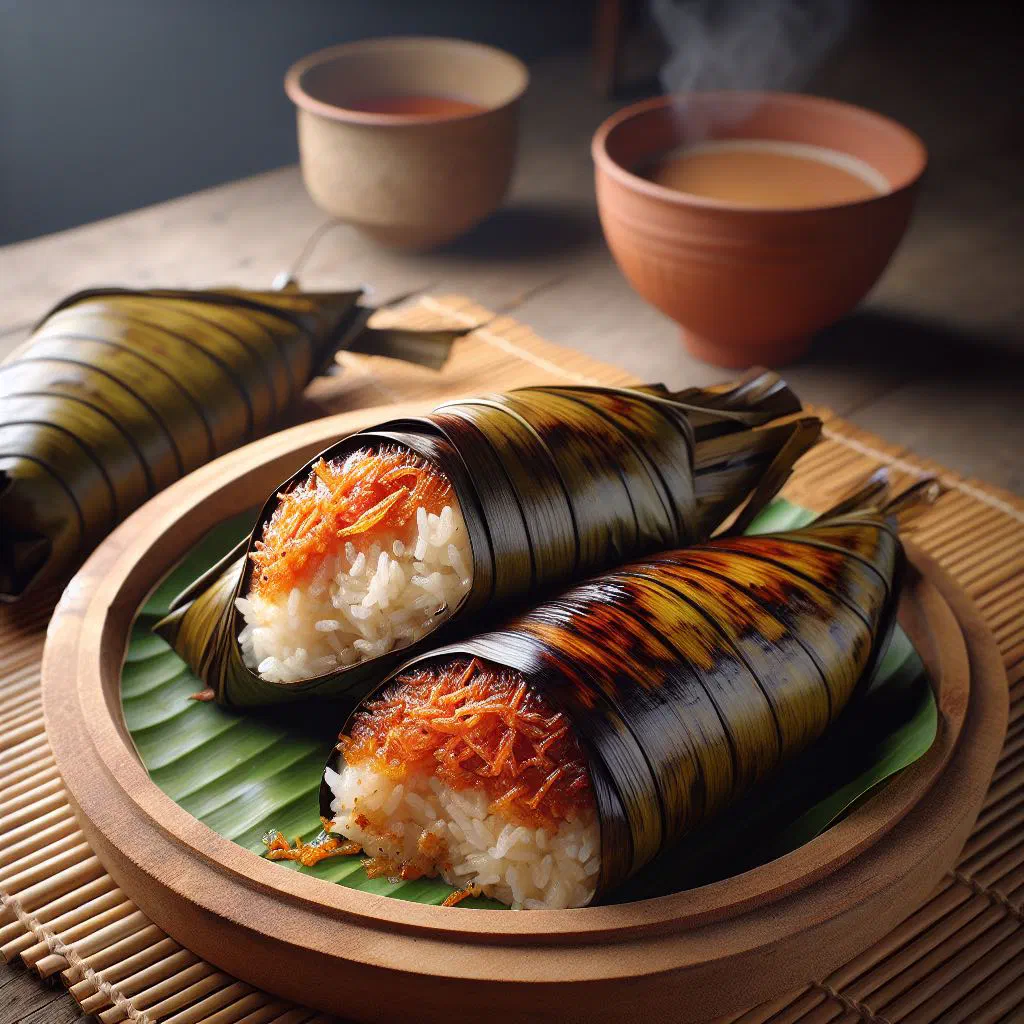 Grilled pulut panggang parcels wrapped in charred banana leaves