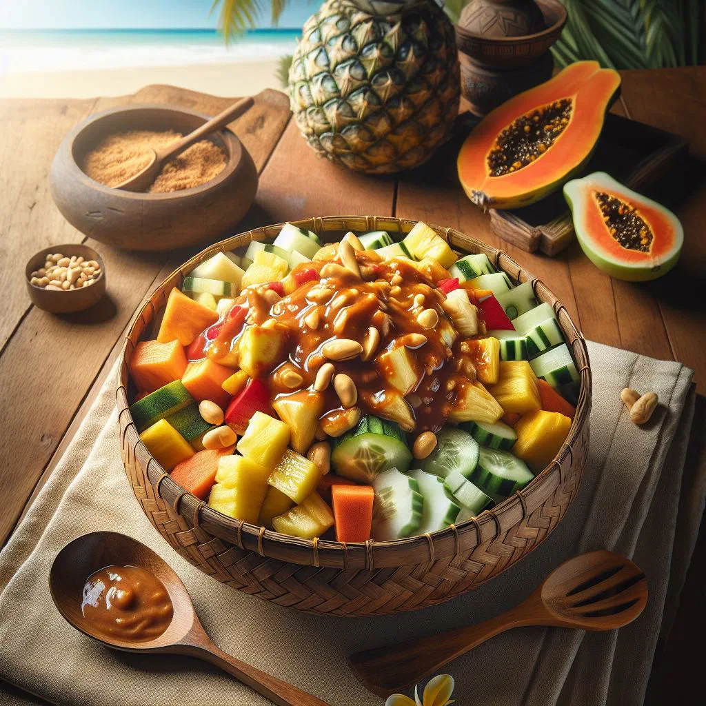 Rojak buah fruit salad tossed in spicy peanut sauce and topped with chopped peanuts