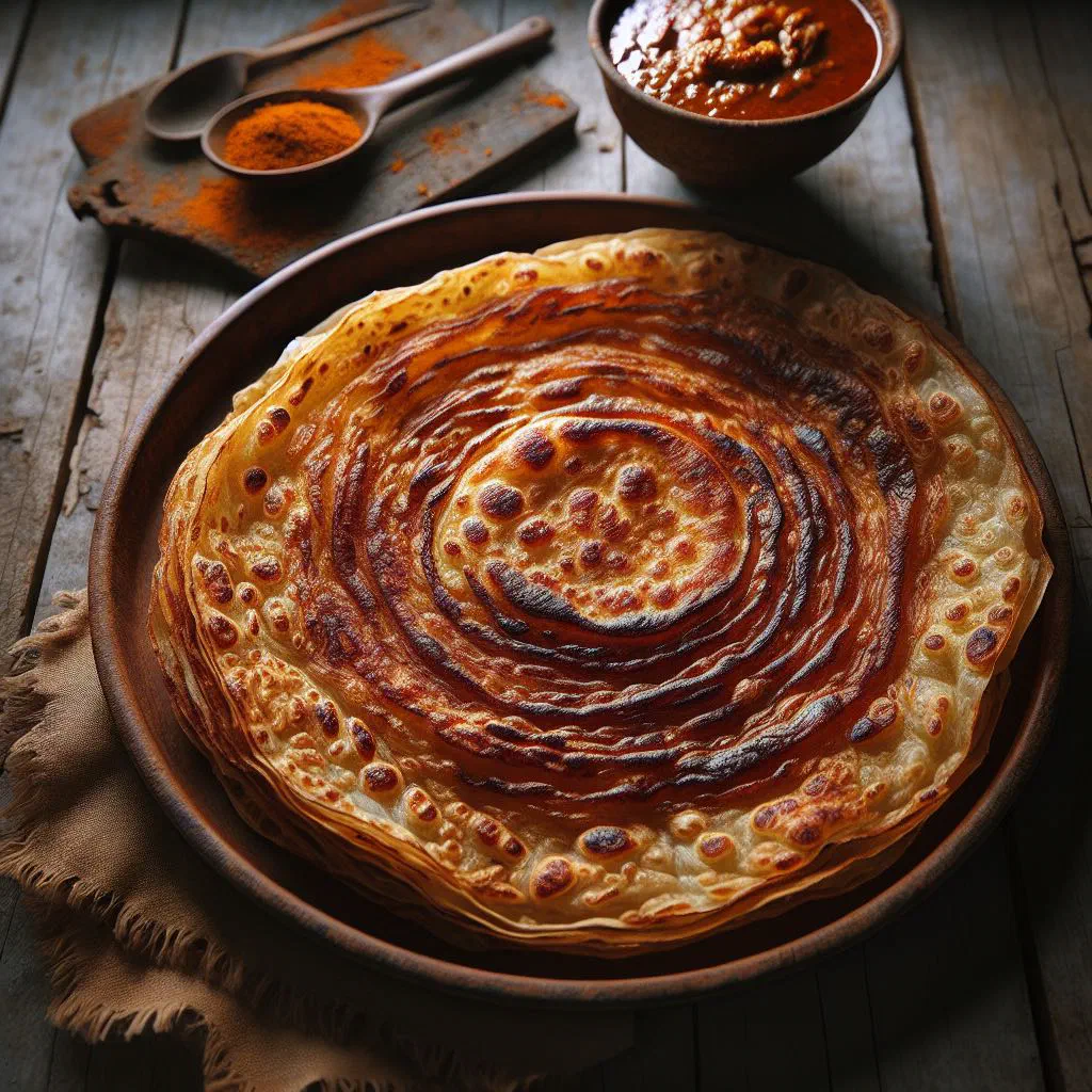 Golden, flaky roti canai flatbread served with a small bowl of curry sauce
