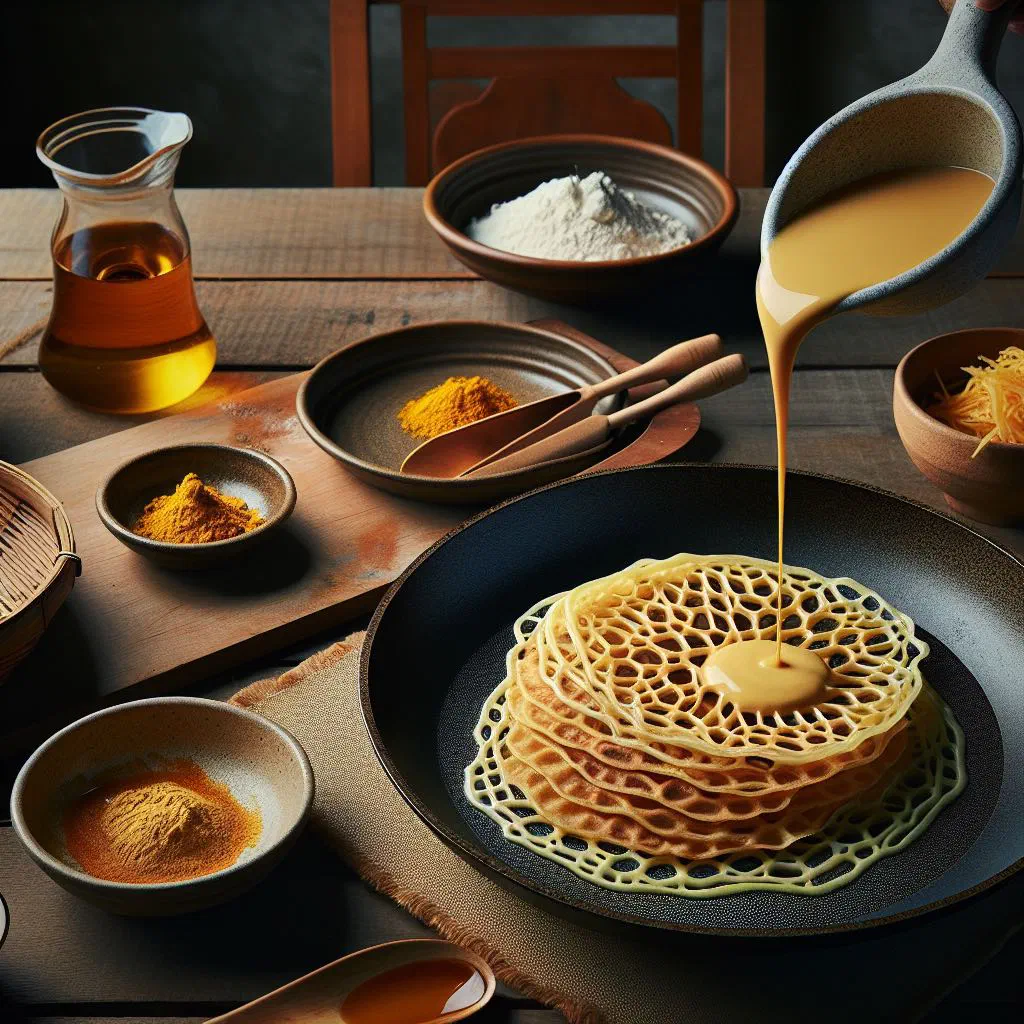 Golden lacy roti jala pancakes folded and stacked on a plate