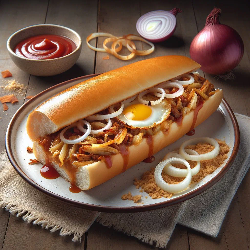 Roti John sandwich filled with minced beef, onions and egg, served with hot sauce