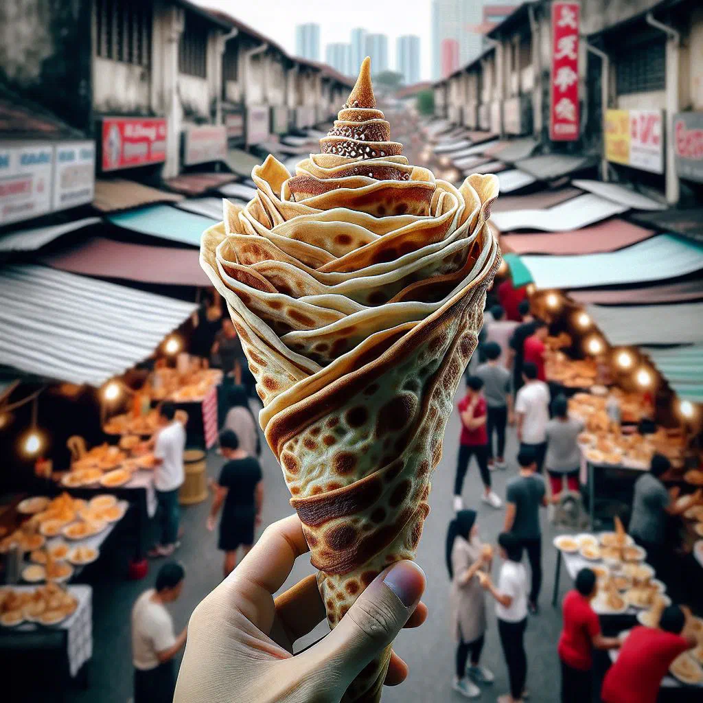 Crispy roti tissue shaped into a tall golden spiral cone