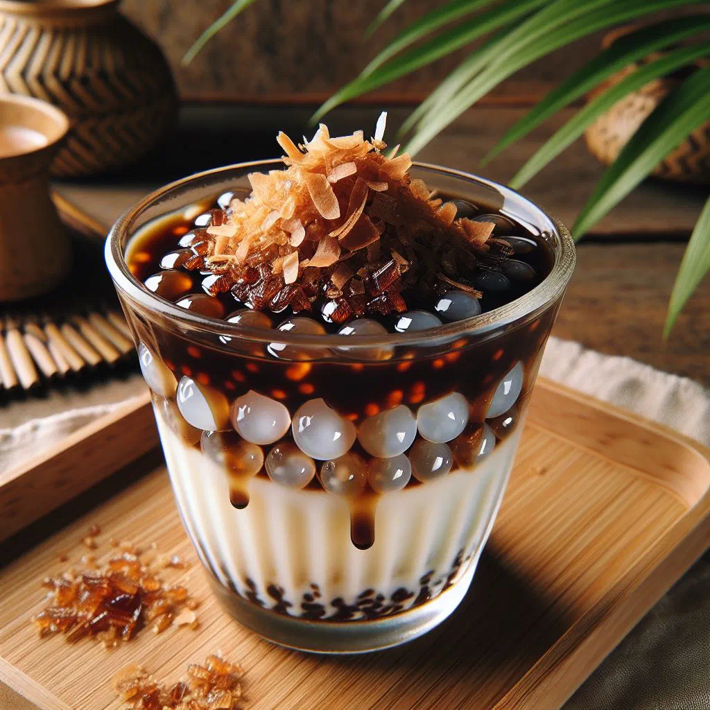 Sago pudding drizzled with dark palm sugar syrup and creamy coconut milk