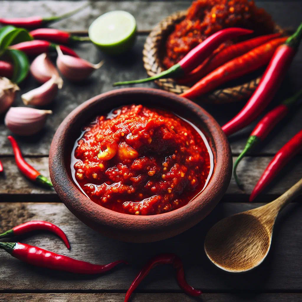 Fiery red sambal belacan chilli paste served in a small bowl with lime wedges