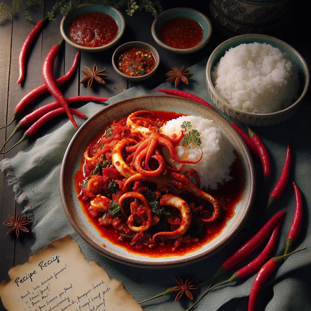 Spicy sambal sotong with squid rings in a fiery red chilli sauce