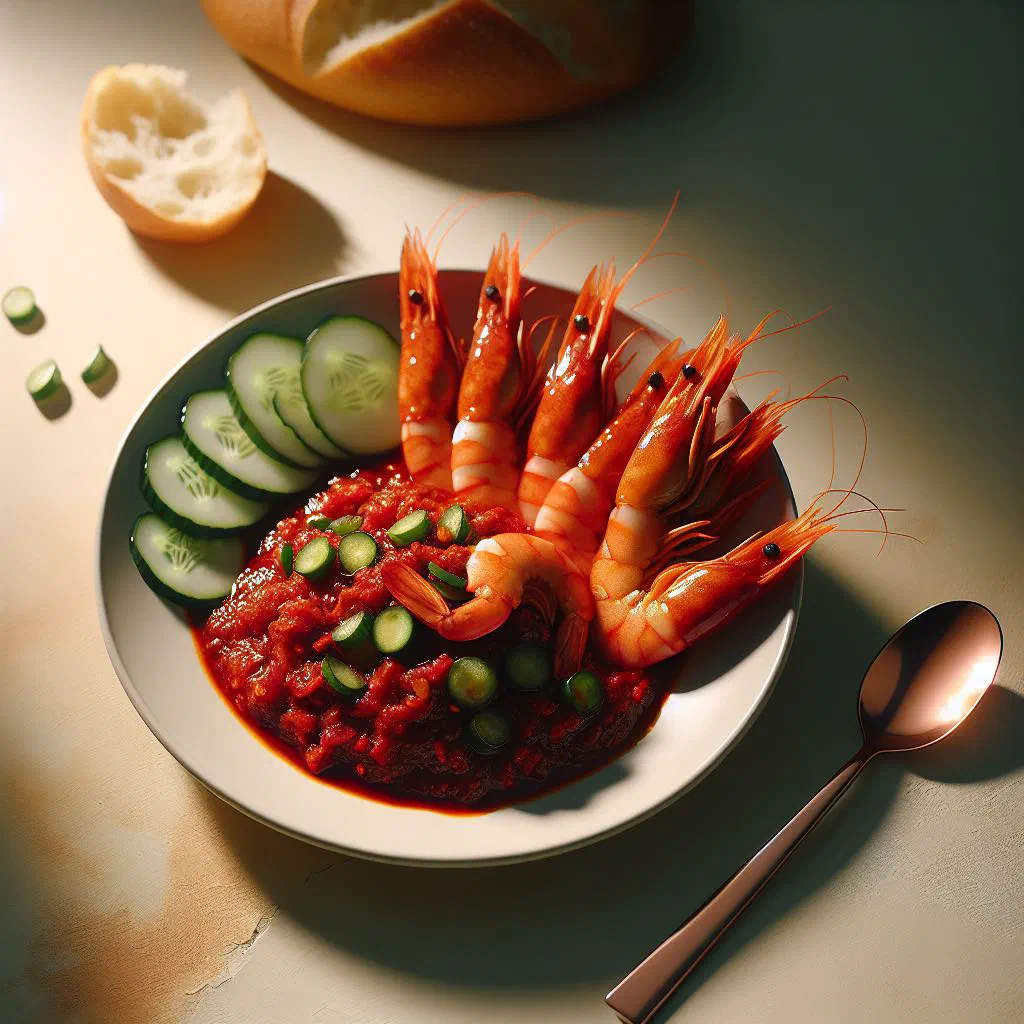 Sambal udang — juicy prawns coated in a fiery red sambal sauce, garnished with fresh coriander