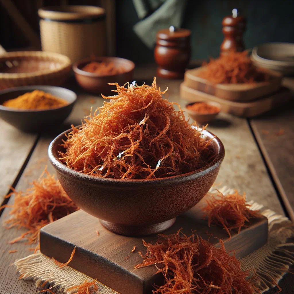 Serunding, spiced Malaysian meat floss with coconut, served in a bowl