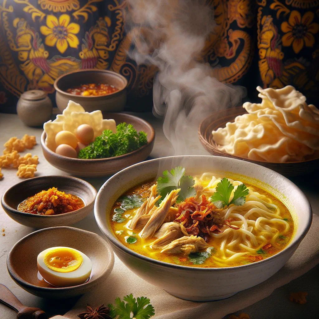 Bowl of soto ayam chicken soup with golden turmeric broth, boiled egg quarters and fresh coriander