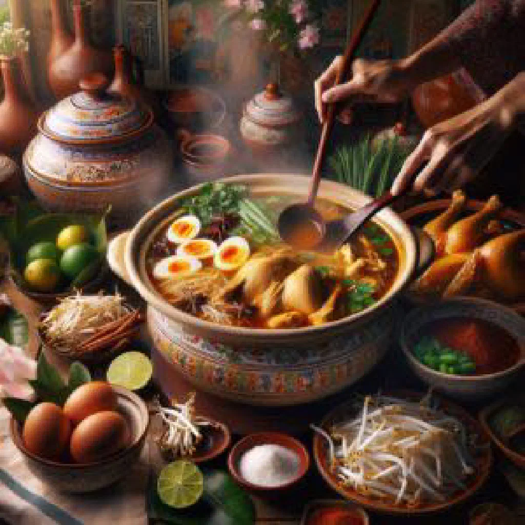 Bowl of Malaysian soto with tender meat, fresh herbs and aromatic broth