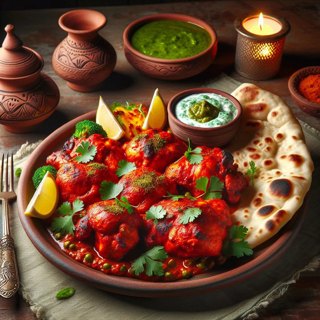 Grilled tandoori chicken pieces garnished with fresh coriander