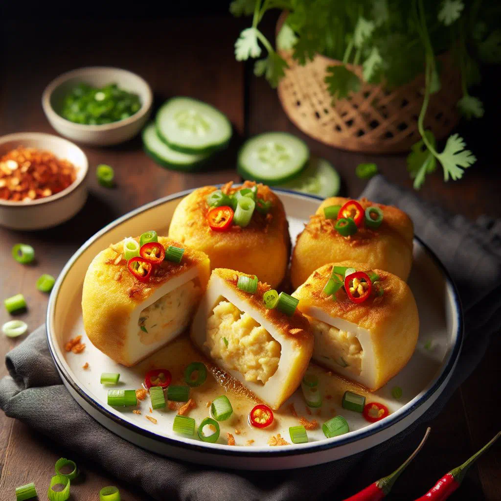 Golden fried tauhu begedil tofu and potato balls served warm