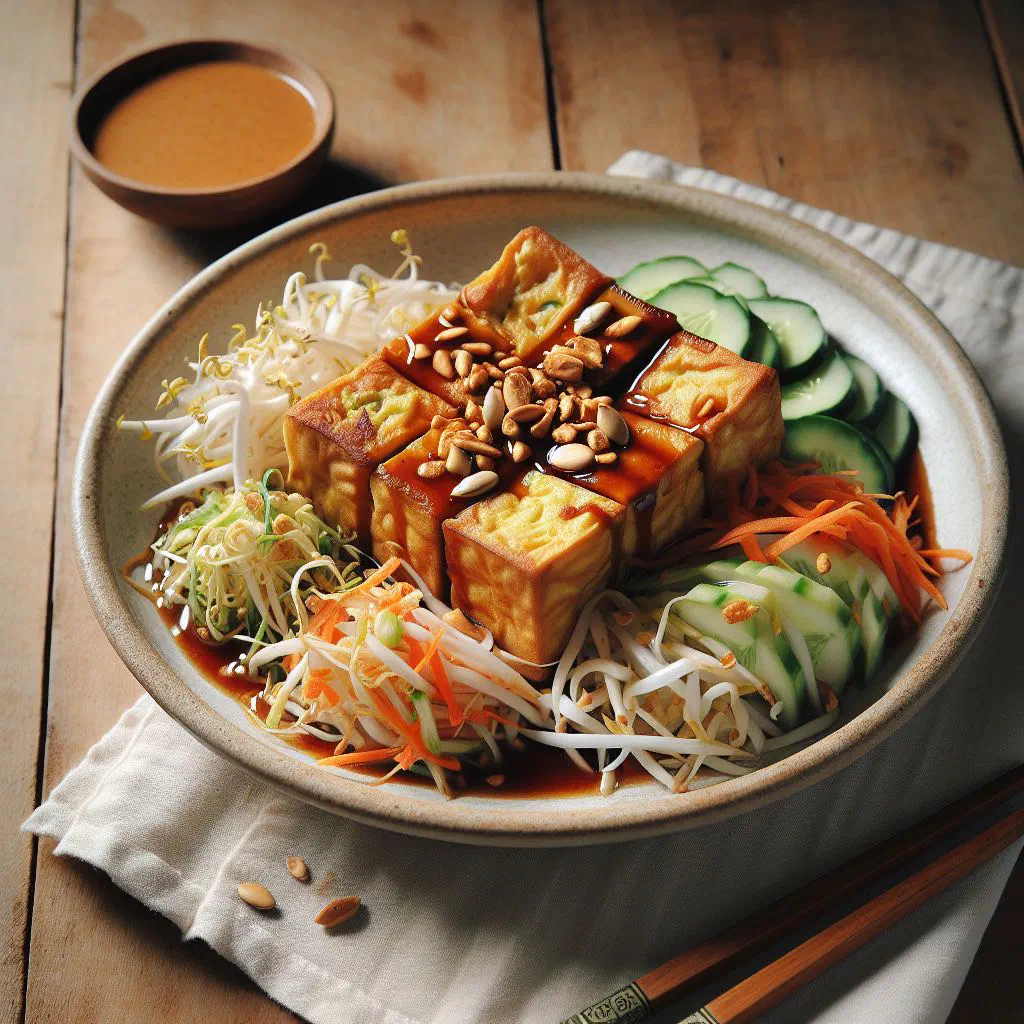Grilled tauhu sumbat stuffed with fresh vegetables and peanuts