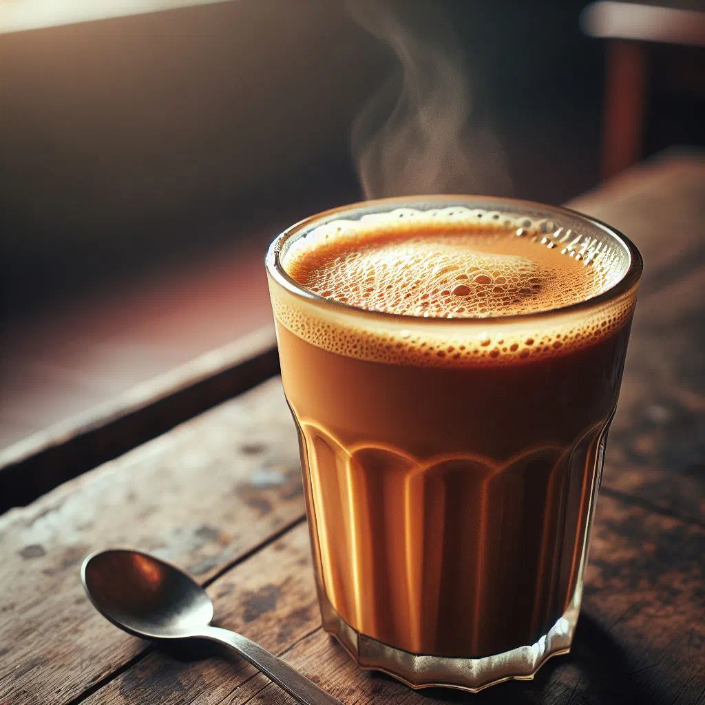 Glass of frothy teh tarik pulled milk tea with a creamy foam top