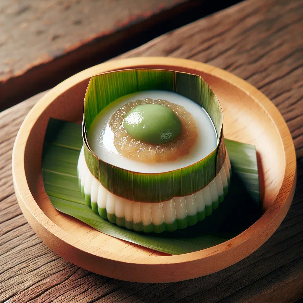 Tepung pelita, two-layered coconut and rice flour puddings served in banana leaf cups