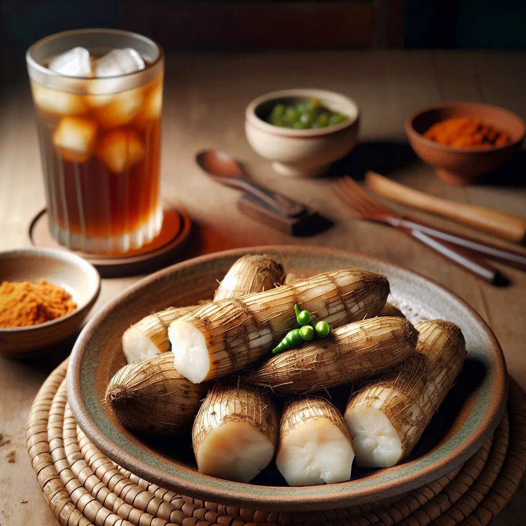Boiled cassava pieces served with a sweet coconut sauce