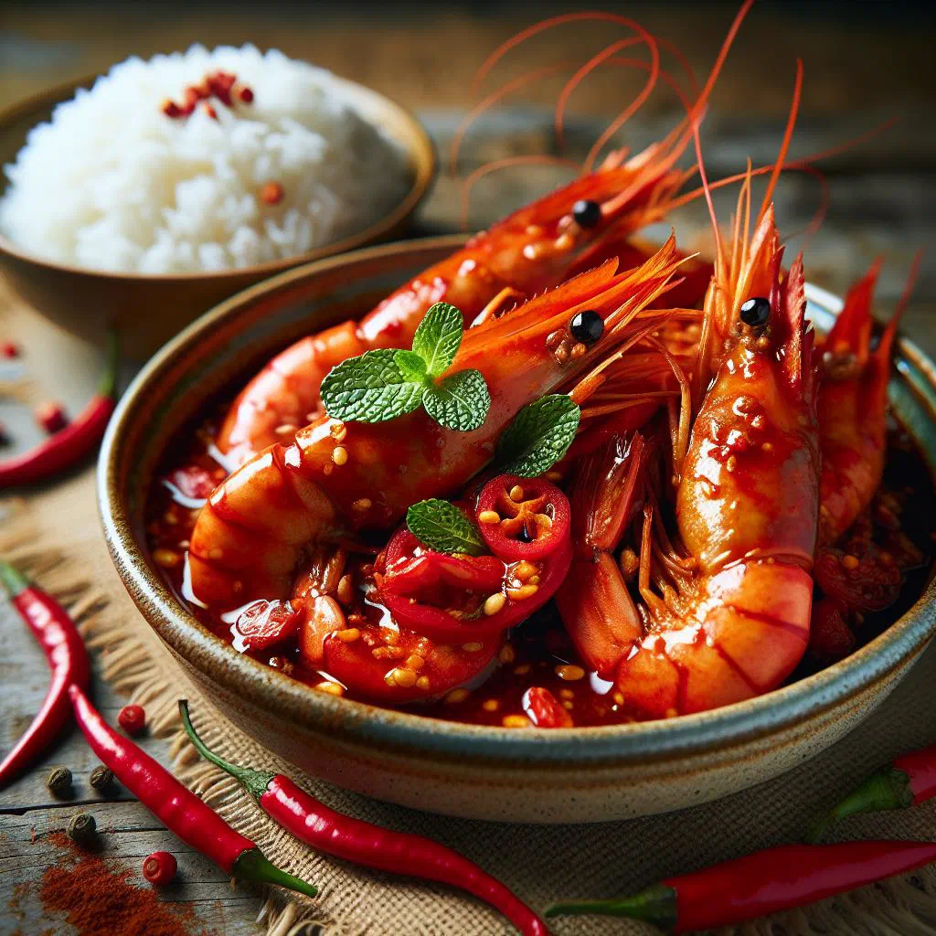 Udang masak merah — prawns in a glossy red tomato-chilli sauce garnished with fresh coriander
