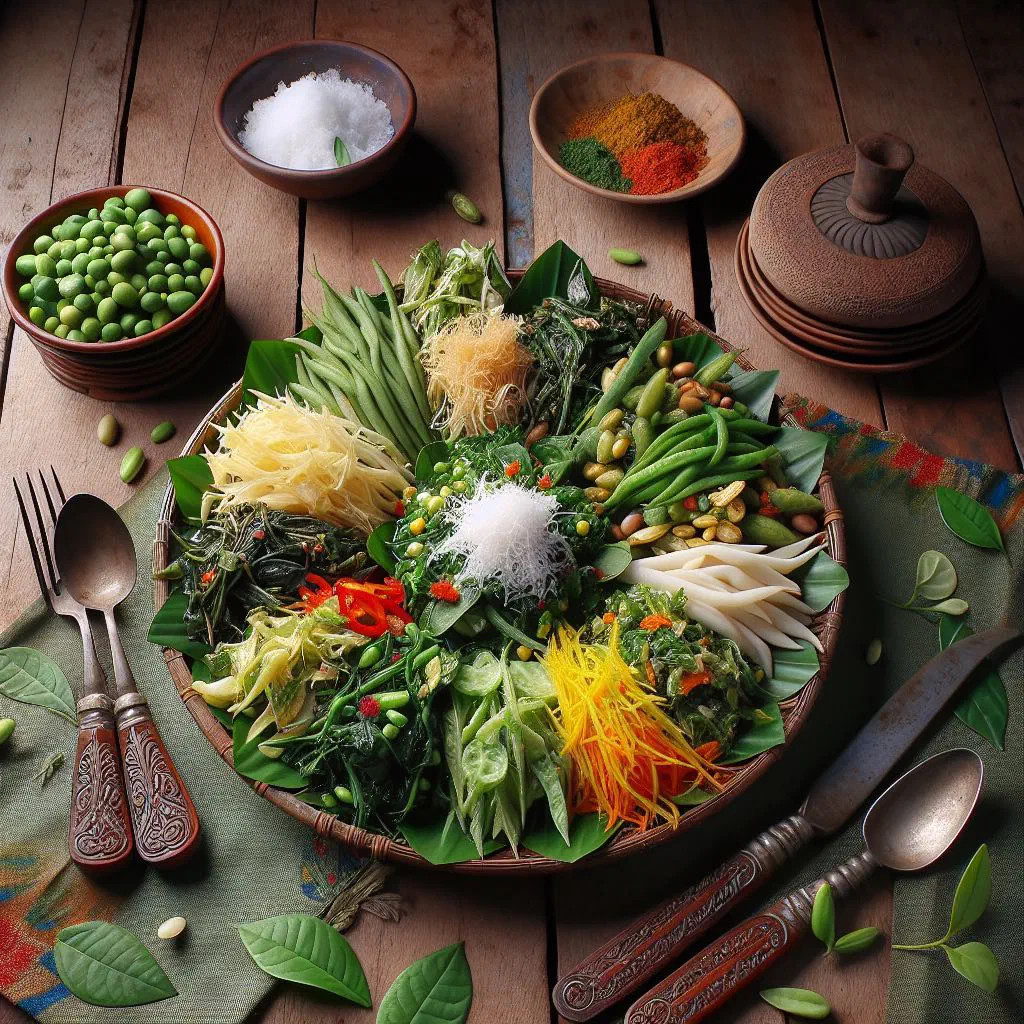 Ulam-ulaman fresh herb and vegetable salad served with spicy sambal sauce