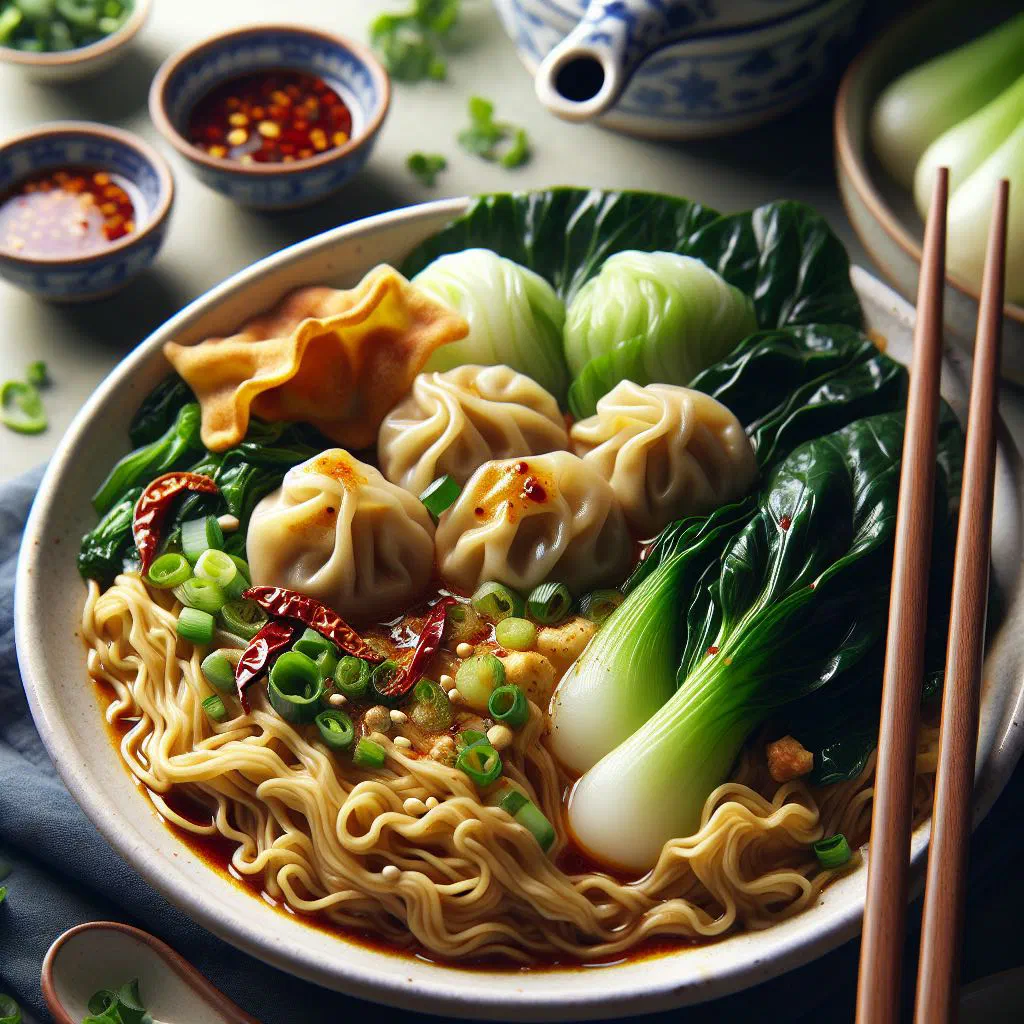 Bowl of wonton mee with egg noodles, dumplings and fresh herbs in broth