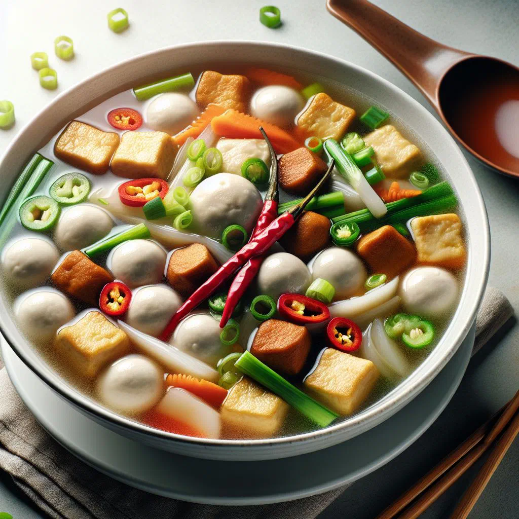 Yong tau foo with stuffed tofu and vegetables in a clear broth