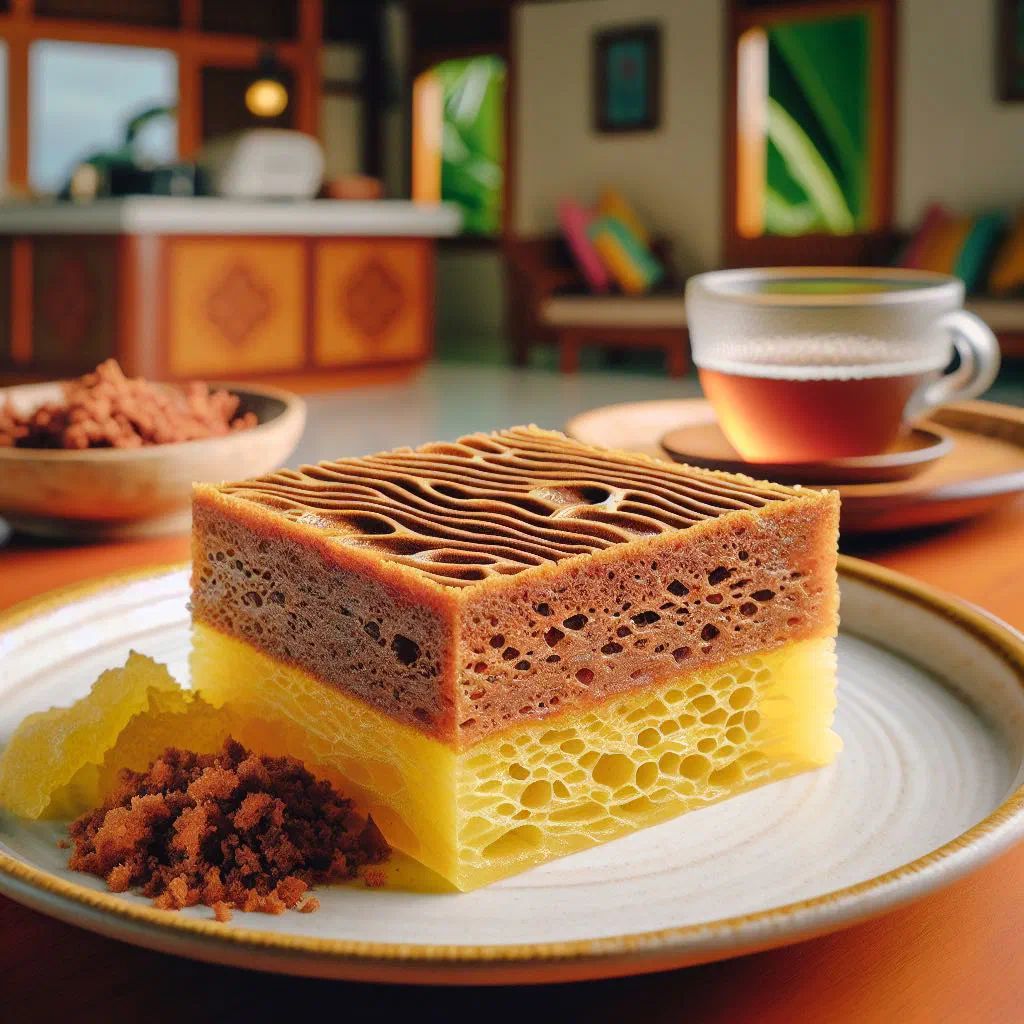 Golden squares of Maldivian coconut and rice cake on a serving plate