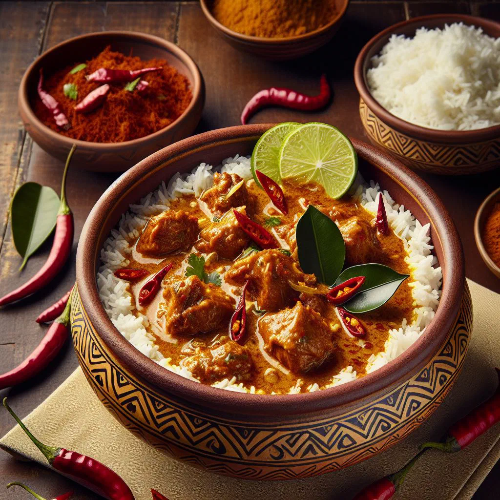 Maldivian chicken curry in a bowl with coconut sauce and fresh coriander