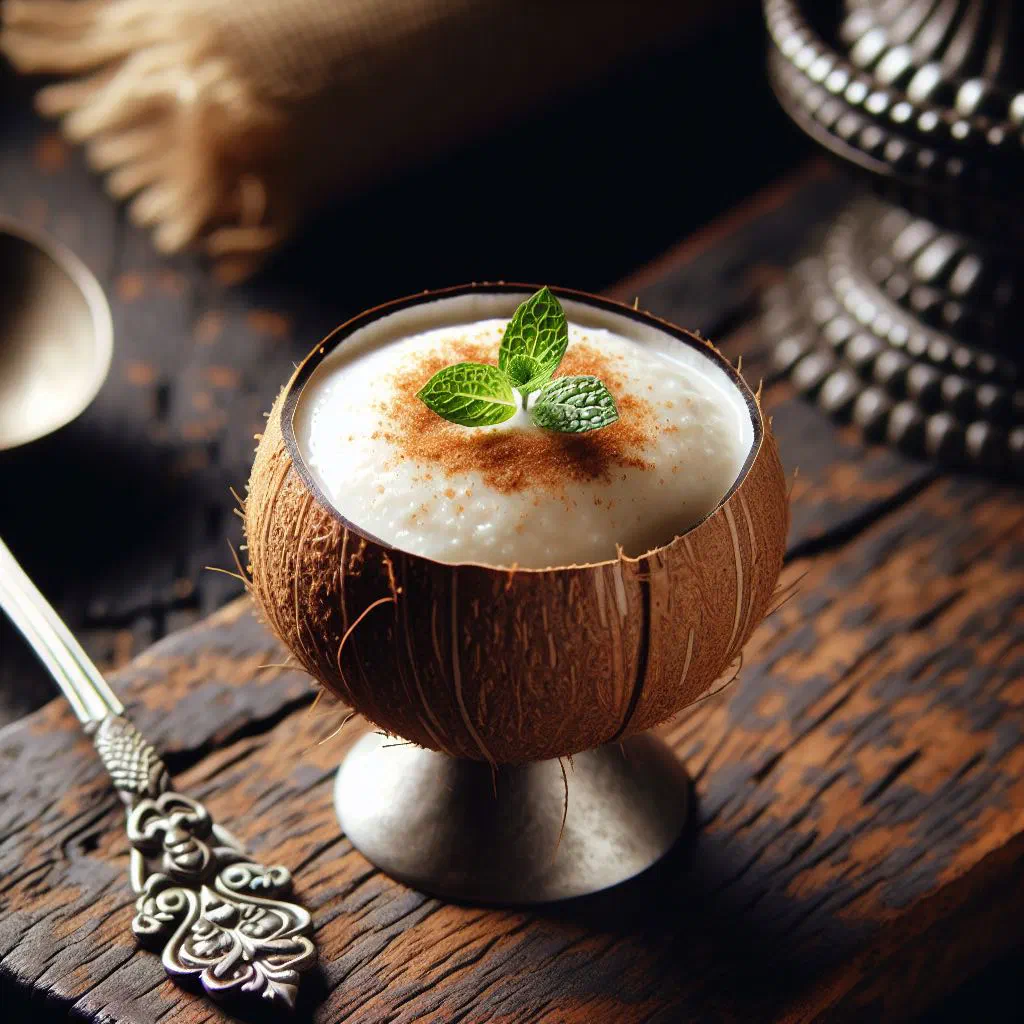 Creamy Maldivian coconut pudding in a glass topped with fresh mango and pineapple