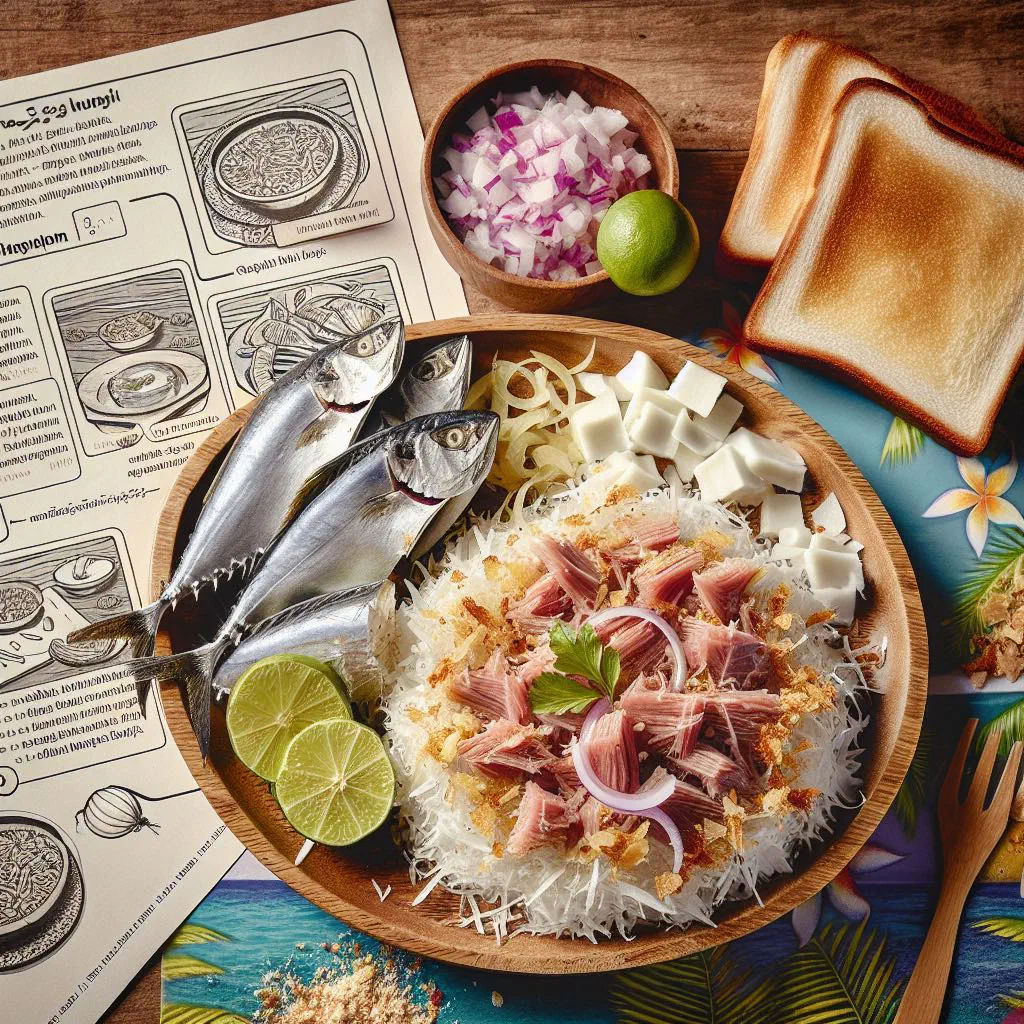 Mas huni of shredded tuna and grated coconut served with warm flatbread