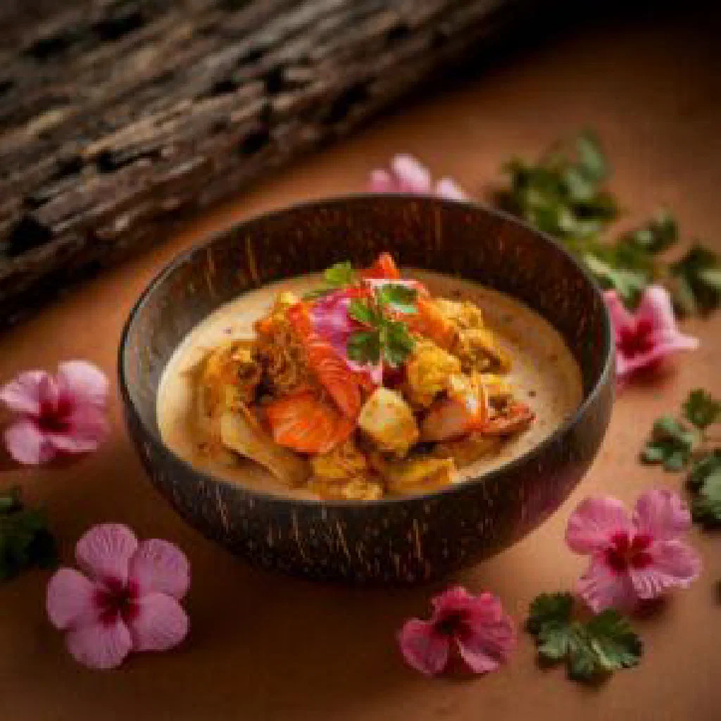 Maldivian neriya curry with fish in creamy coconut sauce, garnished with coriander
