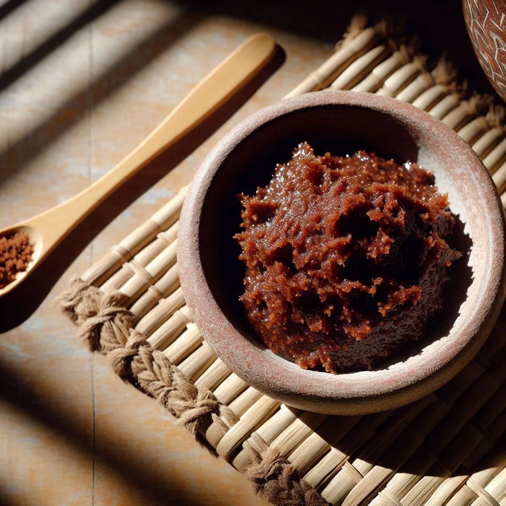 Dark brown Maldivian rihaakuru tuna paste served in a small bowl