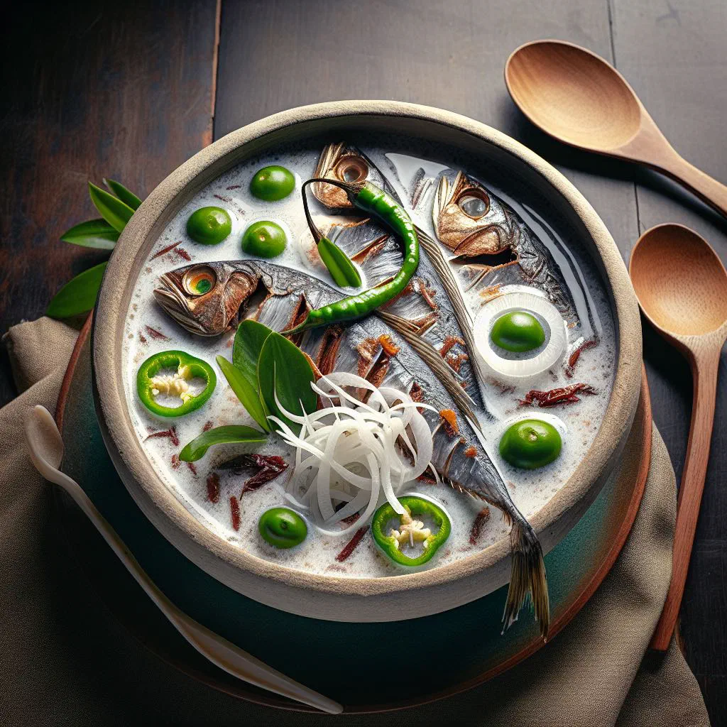 Bowl of dark Maldivian fish paste garnished with fresh coriander