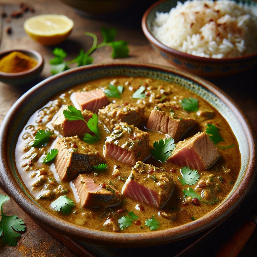 Maldivian tuna curry in a bowl with coconut sauce, fresh coriander and rice