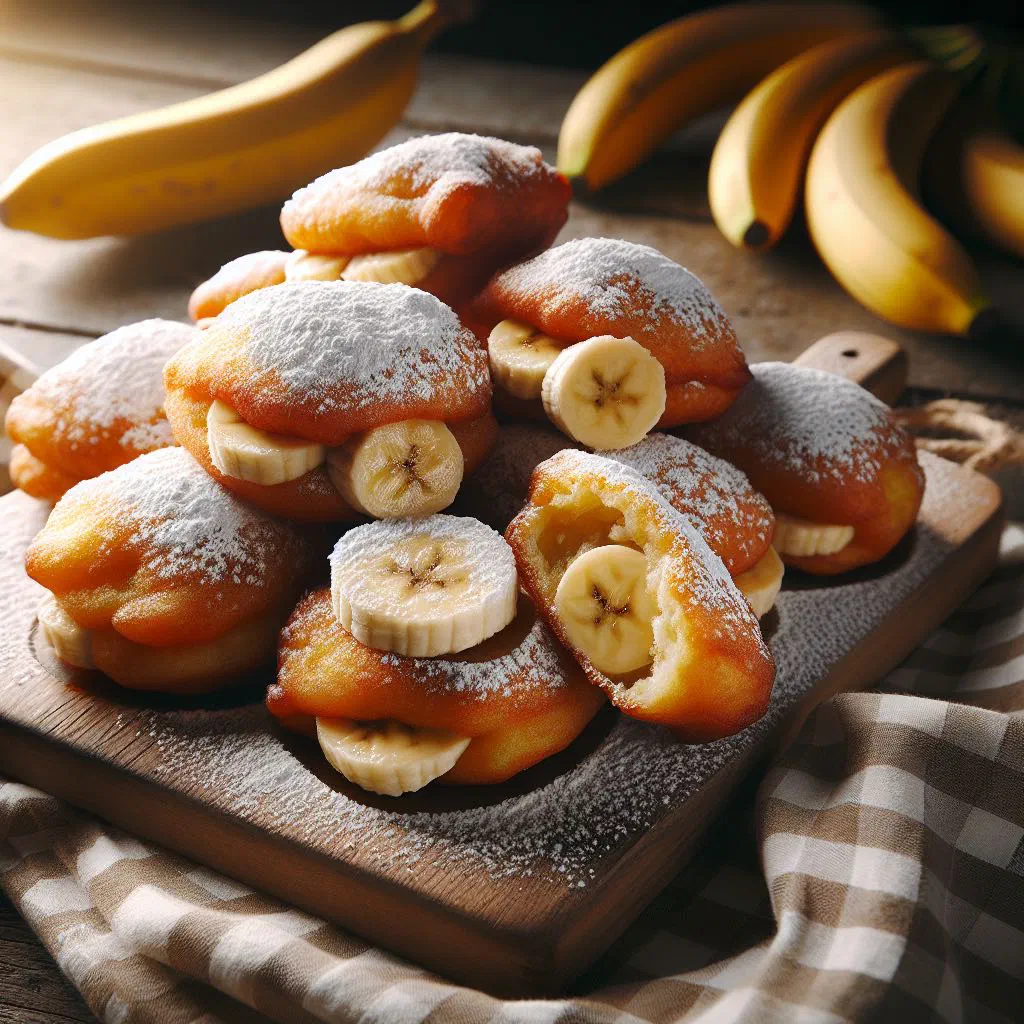 Golden deep-fried Malian banana fritters dusted with icing sugar