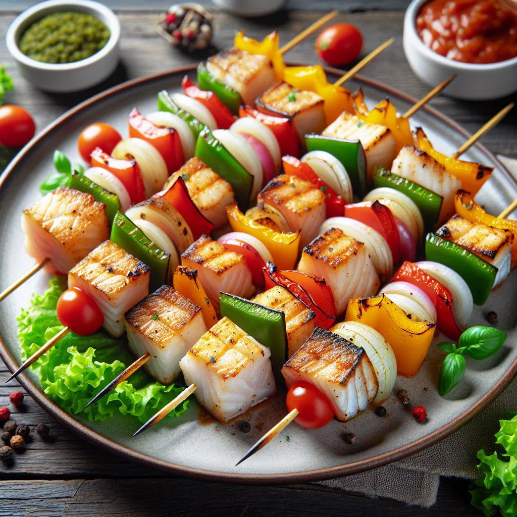 Grilled Malian fish skewers with lemon wedges and fresh salad